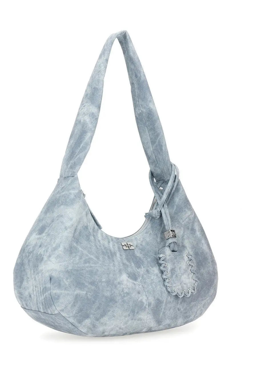 Ganni women’s medium bleached hobo bag in light blue tie dye suede with frayed tassel and silver-tone hardware