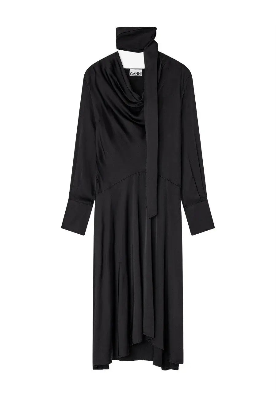 Ganni women’s midi dress black with draped high-neck design and long sleeves in lightweight fabric