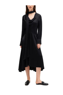 Ganni women’s black satin midi dress with draped cowl neckline and long sleeves perfect for elegant occasions