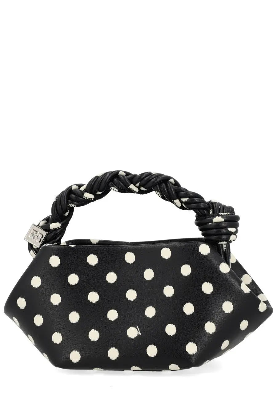 Ganni women’s mini bou bag black leather handbag with white polka dots and braided black handle front view