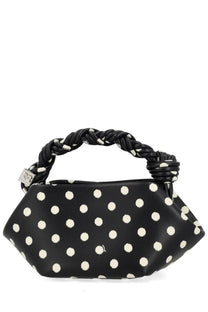 Ganni women’s mini bou bag black leather handbag with white polka dots and braided black handle front view
