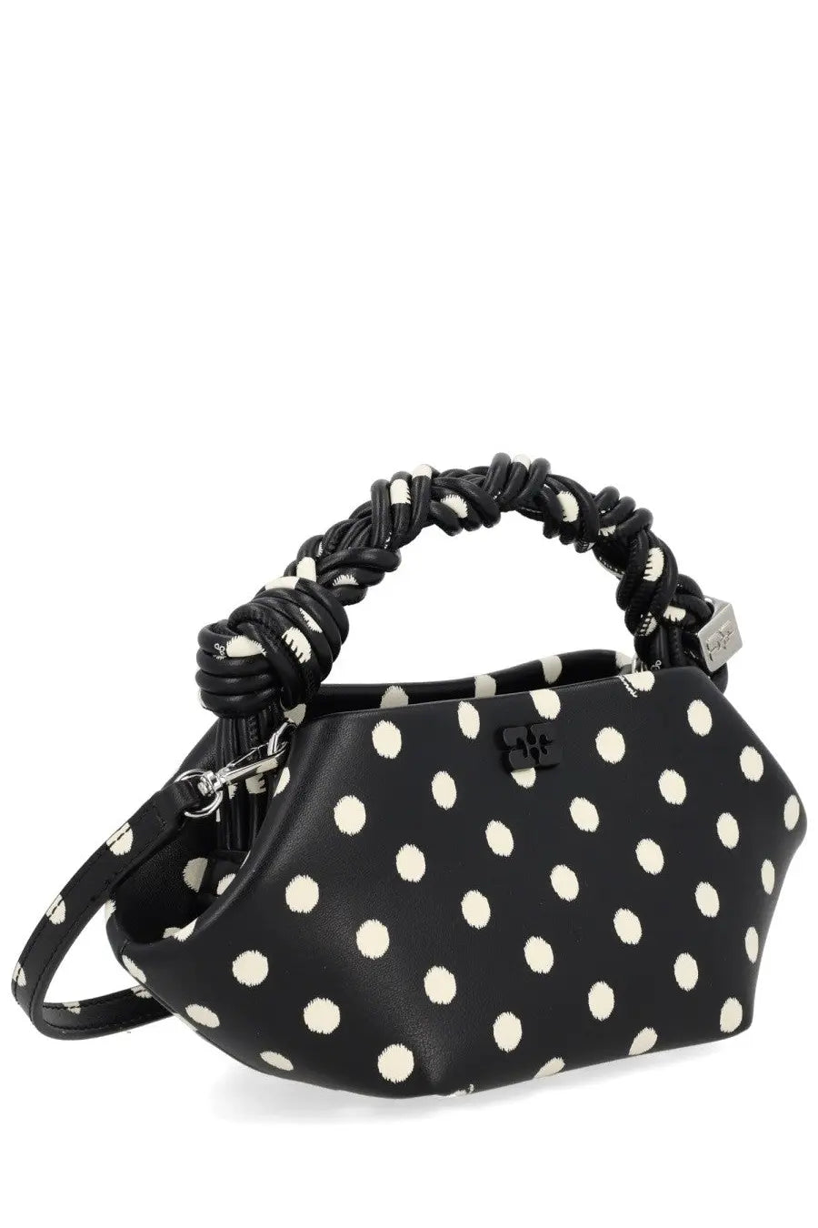 Ganni women’s mini bou bag black handbag with black polka dots braided handle and silver-tone hardware