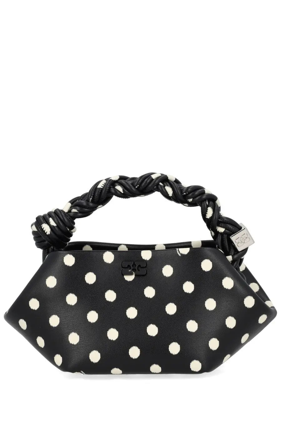 Ganni women’s mini bou bag black polka-dot handbag with braided leather handle and silver-tone hardware