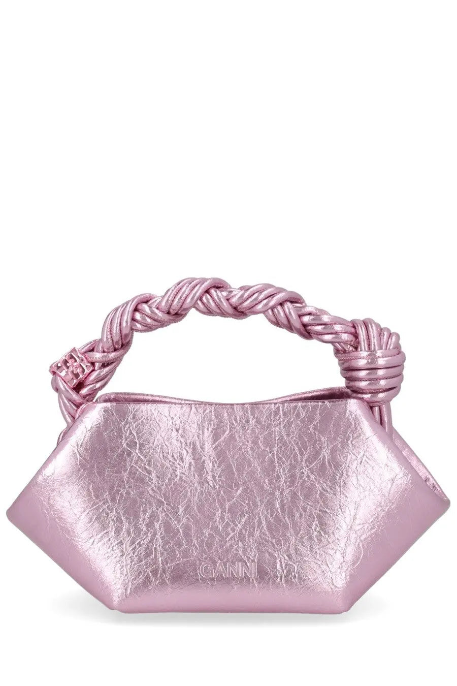 Ganni women’s mini bou bag in pink metallic leather with braided handle and textured crinkled surface