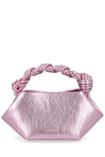 Ganni women’s mini bou bag in pink metallic leather with braided handle and textured crinkled surface