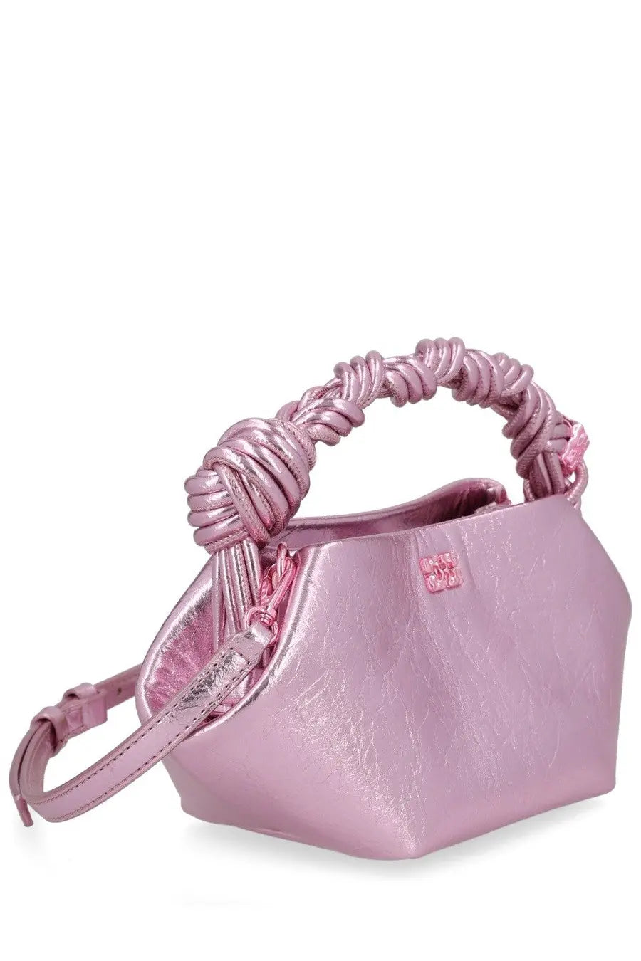 Ganni women’s mini bou bag blue pink metallic handbag with braided leather handle and matching adjustable strap