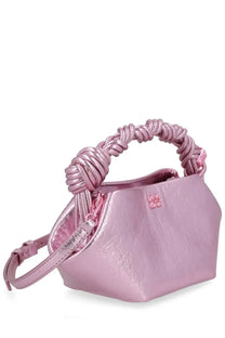 Ganni women’s mini bou bag blue pink metallic handbag with braided leather handle and matching adjustable strap