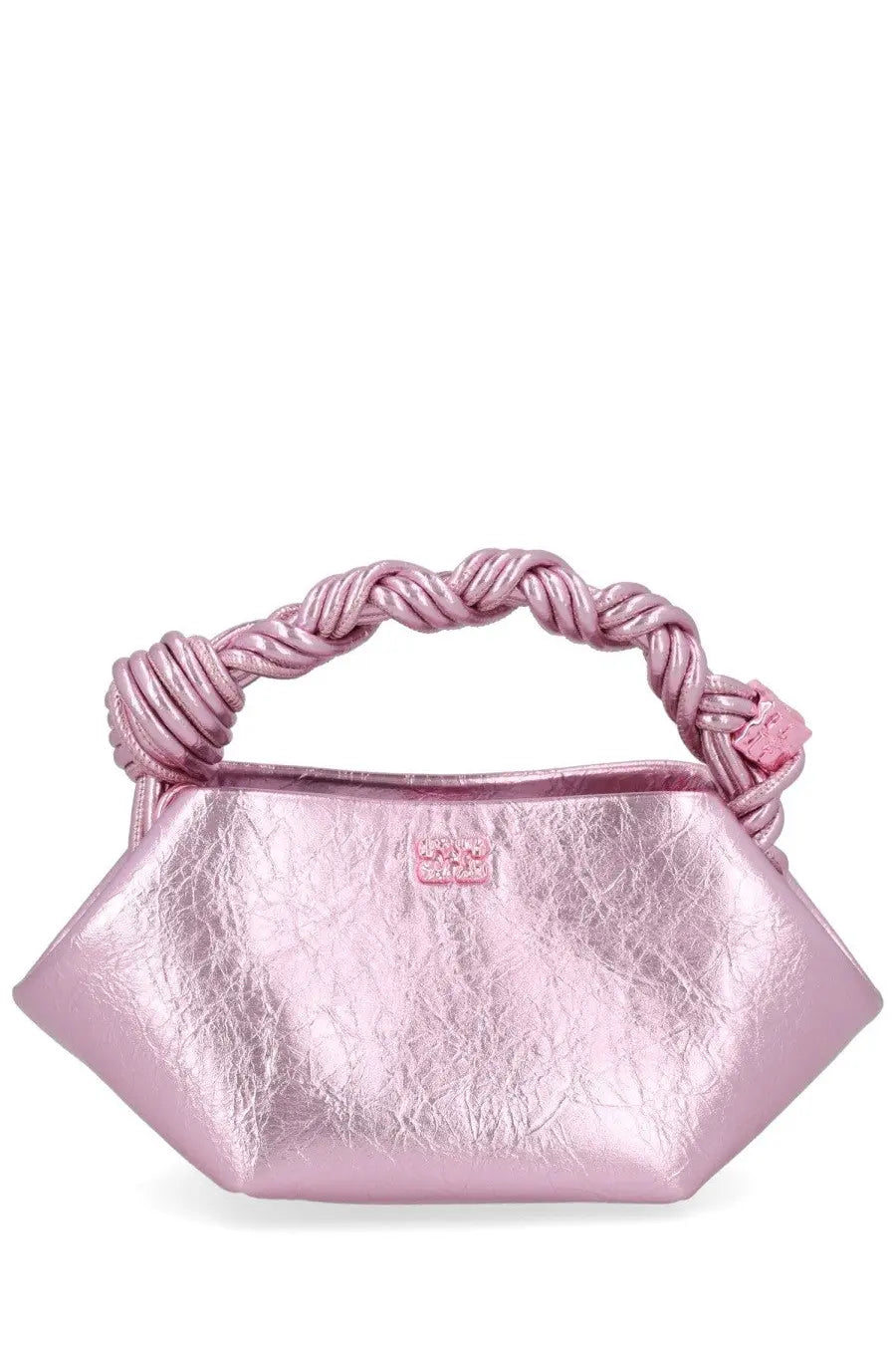 Pink metallic leather handbag with braided handle and small pink logo plaque by ganni womens mini bou bag blue