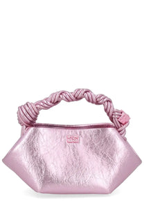 Pink metallic leather handbag with braided handle and small pink logo plaque by ganni womens mini bou bag blue