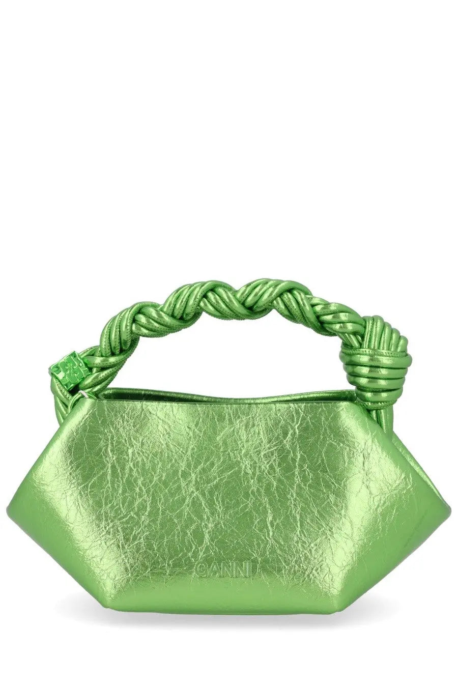 A vibrant lime green metallic textured ganni womens mini bou handbag with a braided leather handle and embossed logo