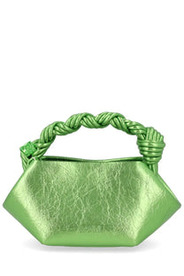 A vibrant lime green metallic textured ganni womens mini bou handbag with a braided leather handle and embossed logo
