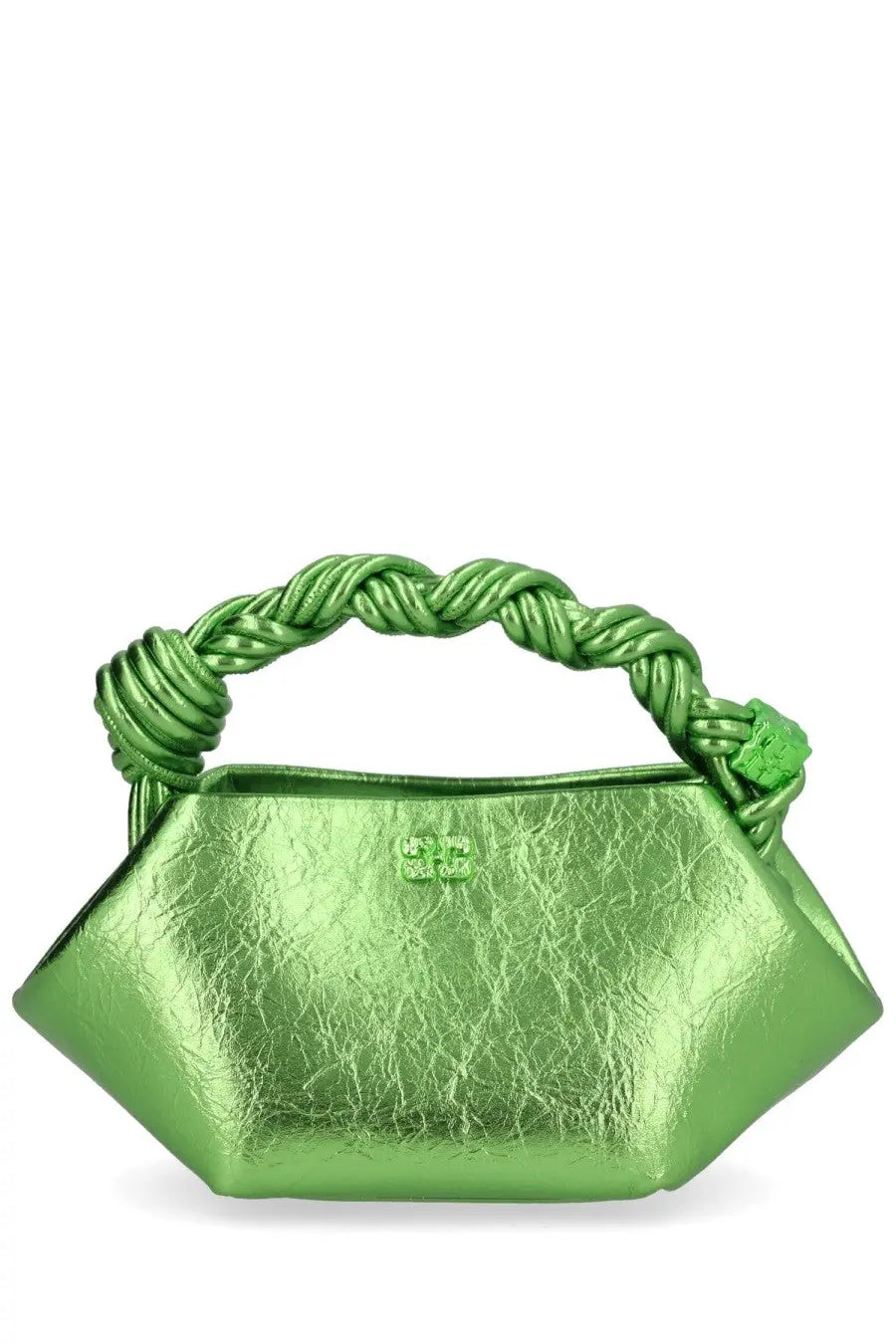 Ganni women’s mini bou bag green vibrant green metallic handbag with braided handle and embossed logo