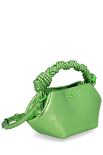 Ganni women’s mini bou bag green vibrant green metallic leather handbag with braided handle and adjustable strap
