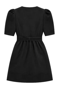 Ganni women’s black mini dress with puffed short sleeves and matching waist belt in lightweight fabric