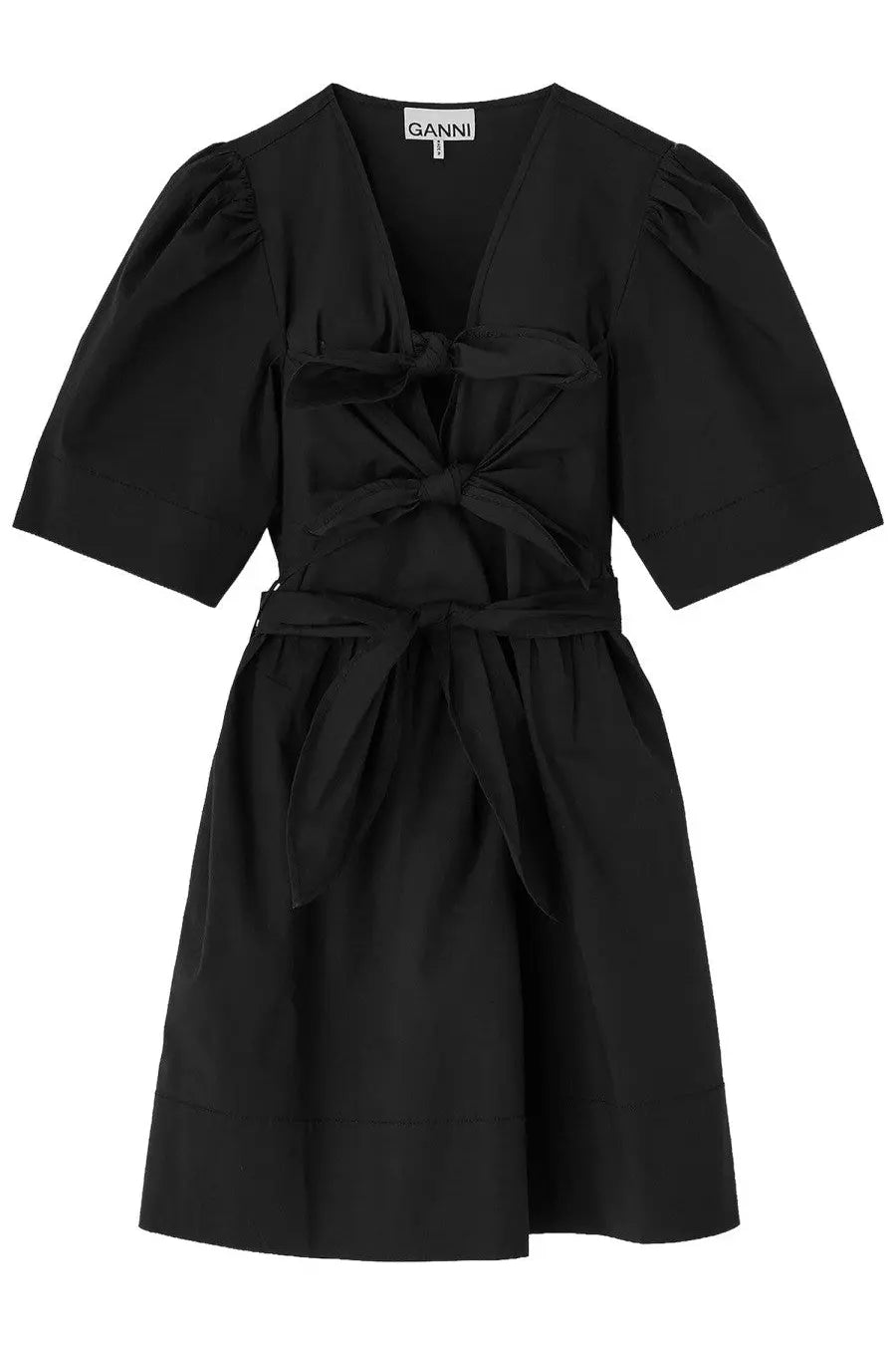 Black Ganni women’s mini dress with puffed sleeves and tied waistband in soft fabric for stylish casual wear