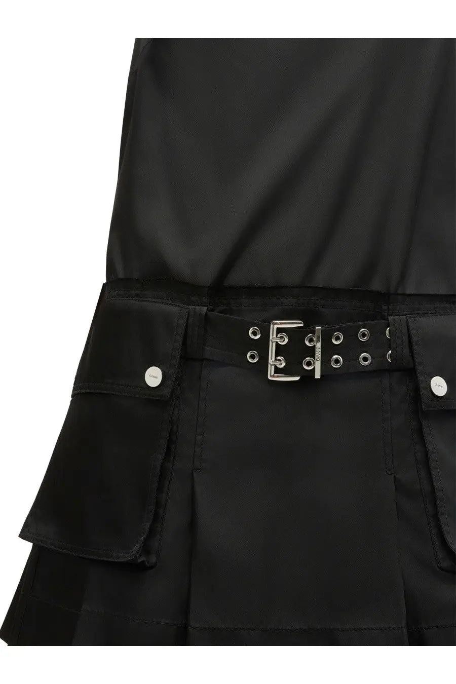 Black satin skirt with silver-toned belt featuring rectangular buckle and eyelets from ganni women’s mini dress black