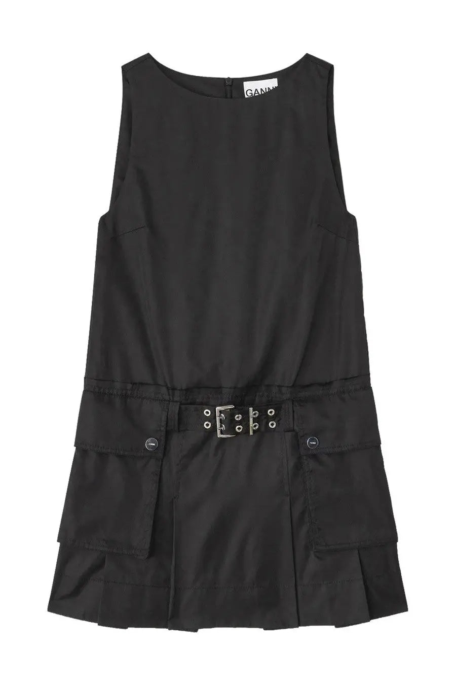 Ganni women’s black sleeveless mini dress with silver-toned belt buckle and pleated skirt detail in lightweight fabric
