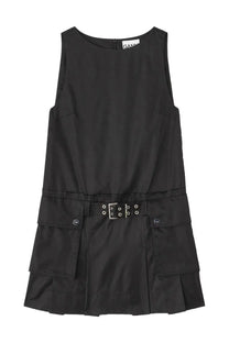 Ganni women’s black sleeveless mini dress with silver-toned belt buckle and pleated skirt detail in lightweight fabric
