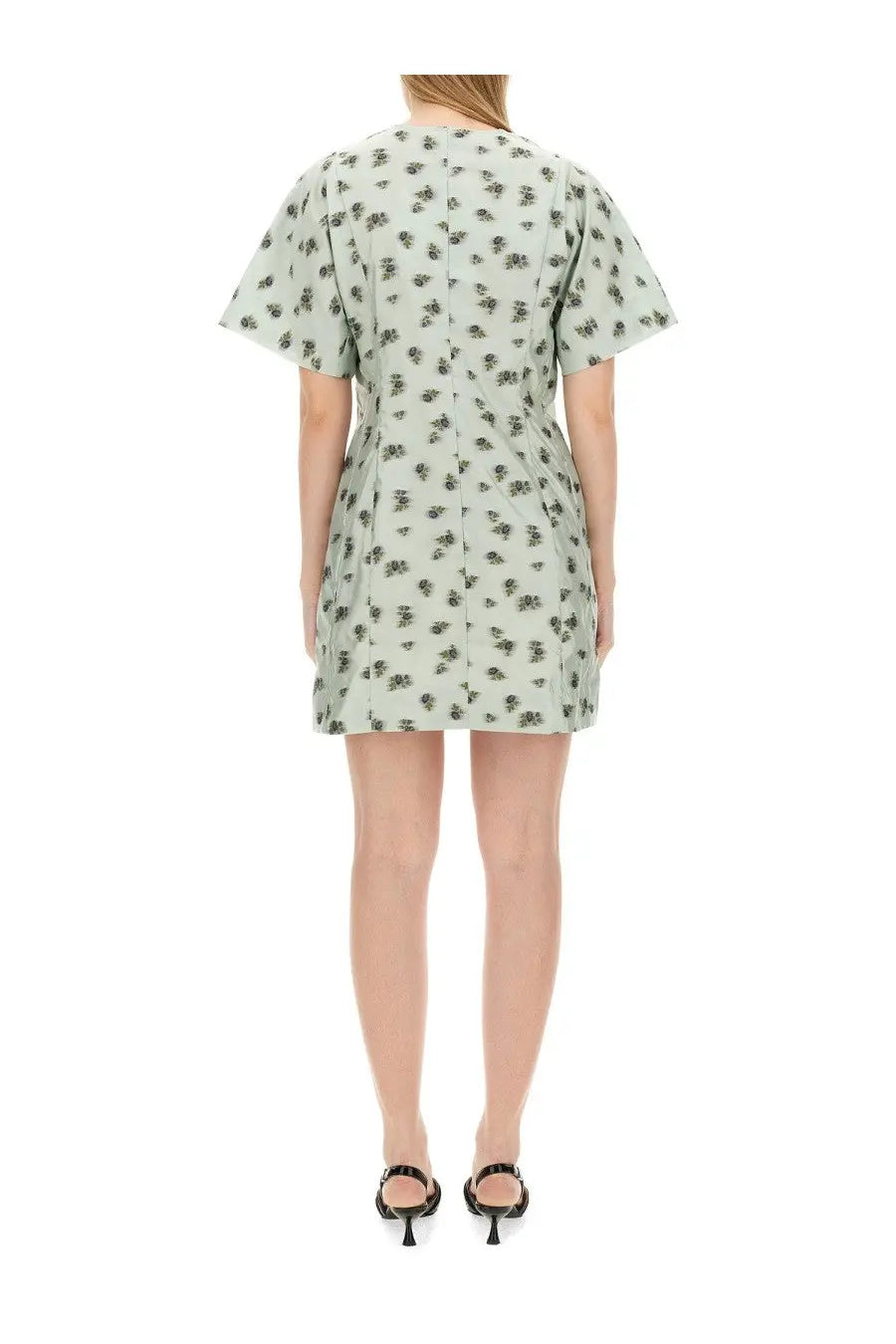 Ganni women’s mini dress green with fitted silhouette light green fabric and delicate black floral pattern