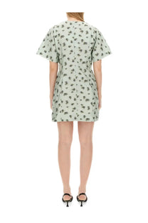Ganni women’s mini dress green with fitted silhouette light green fabric and delicate black floral pattern