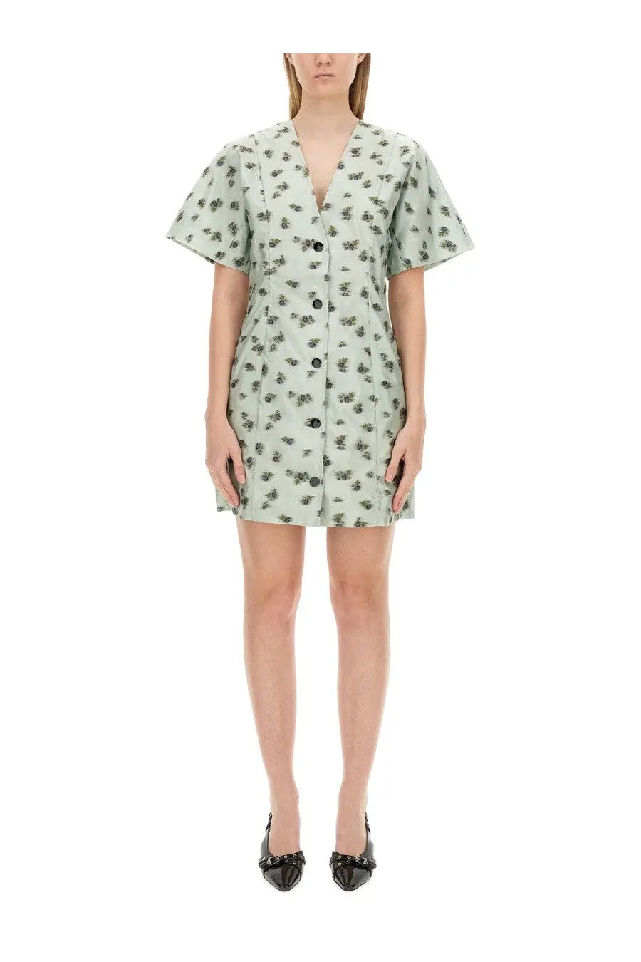 Ganni womens mini dress green with black floral pattern short flutter sleeves and button front design
