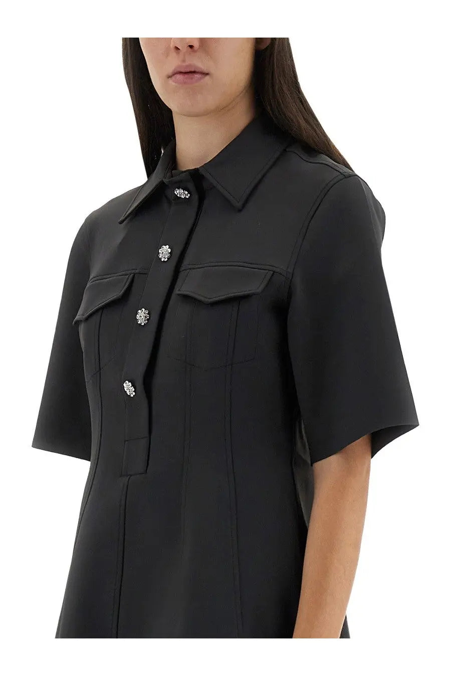 Ganni women’s black short-sleeved mini dress with floral decorative buttons for stylish casual wear
