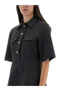 Ganni women’s black short-sleeved mini dress with floral decorative buttons for stylish casual wear