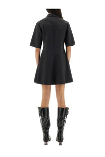 Ganni women’s mini dress grey in black short-sleeved shirt style with a flared skirt and collar front view
