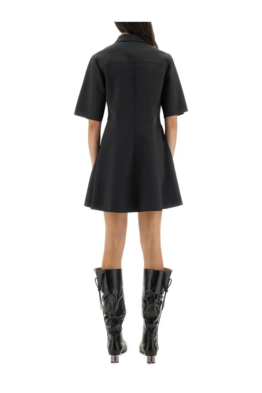Ganni women’s black short-sleeved mini dress with flared skirt and collar in soft fabric for casual wear