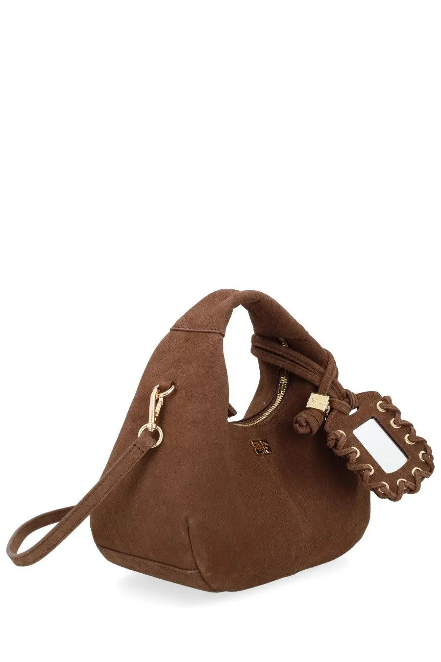 Ganni women’s mini hobo bag in brown suede with braided leather strap and gold tone hardware