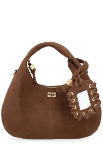 Ganni women’s mini hobo bag in brown suede with gold-tone hardware and braided leather mirror charm