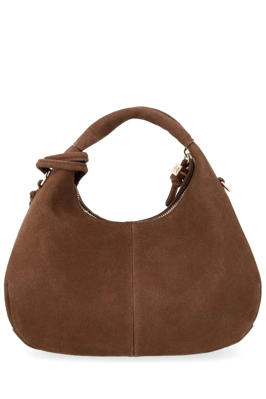 Ganni women’s mini hobo bag in brown suede with twisted handle and gold-tone hardware