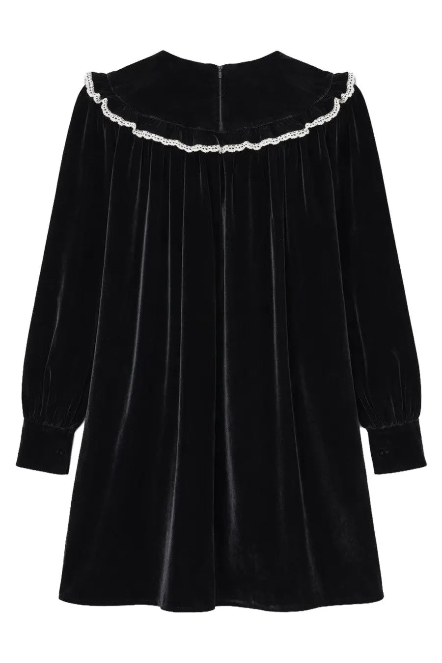 Ganni women’s mini black velvet dress with delicate white lace trim along the collar