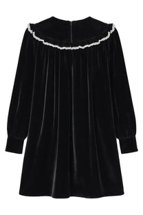 Ganni women’s mini black velvet dress with delicate white lace trim along the collar