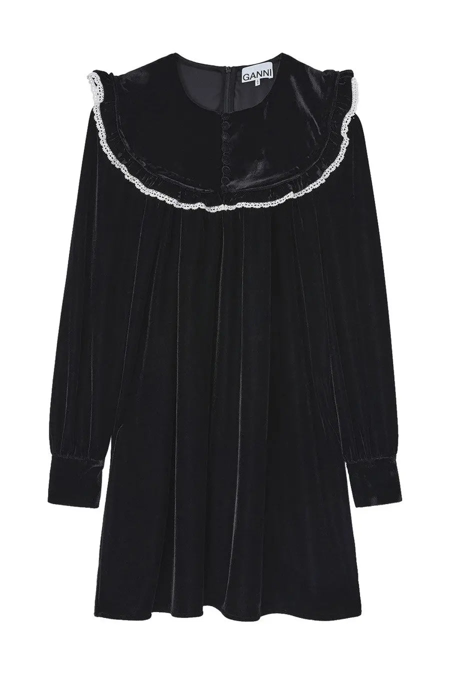 Ganni women’s mini black velvet dress with plush collar trimmed in white lace long sleeves and flowing silhouette