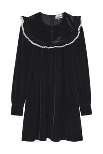 Ganni women’s mini black velvet dress with plush collar trimmed in white lace long sleeves and flowing silhouette