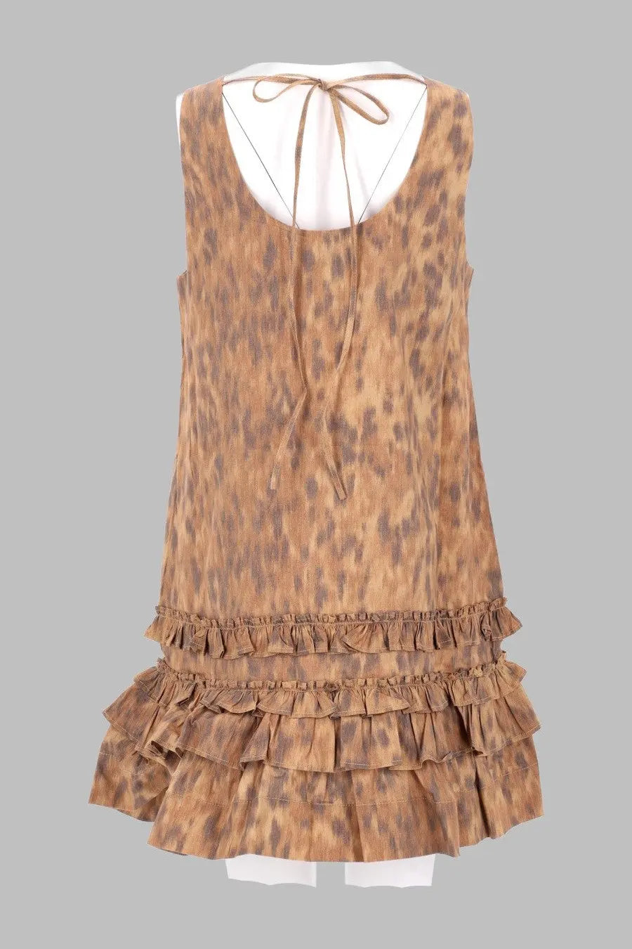 Ganni women’s miniabito sleeveless tan and brown leopard print cotton dress with ruffled tiered hemline