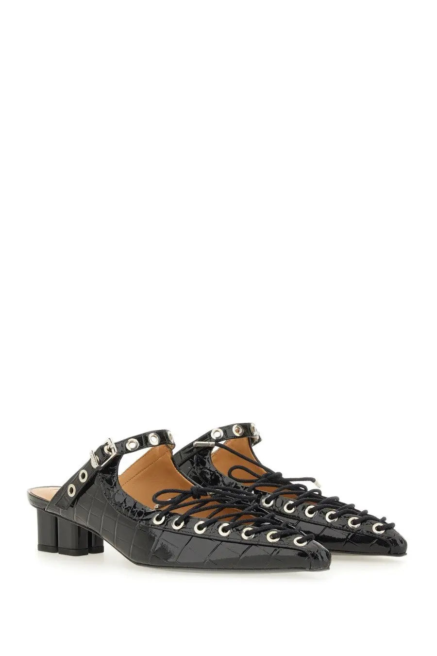 Ganni women’s black mule lace mules in croc-embossed patent leather with silver eyelets and buckle details