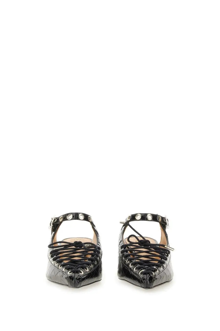Ganni women’s mule lace black patent leather mary jane flats with crocodile texture lace-up and silver eyelets