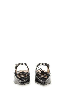 Ganni women’s mule lace black patent leather mary jane flats with crocodile texture lace-up and silver eyelets