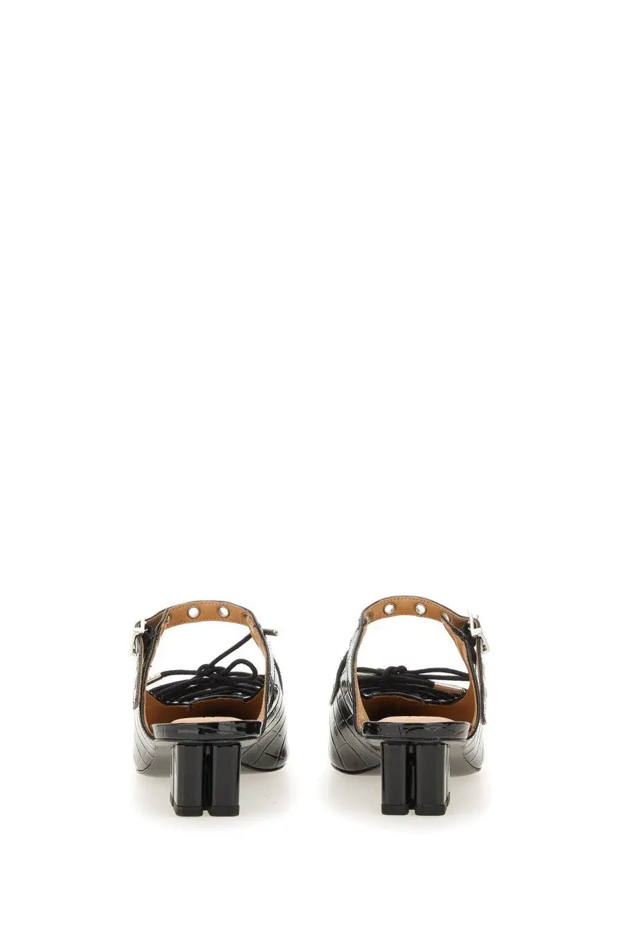 Ganni women’s mule lace black glossy black patent leather sandals with ankle strap and distinctive block heel