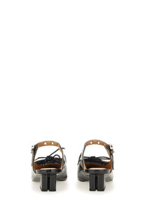 Ganni women’s mule lace black glossy black patent leather sandals with ankle strap and distinctive block heel