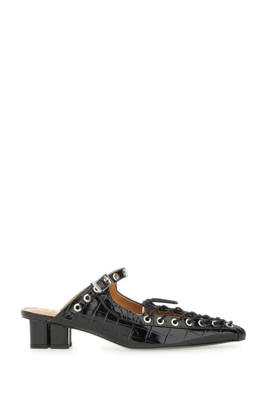 Ganni women’s black patent leather mule shoe with crocodile texture silver-toned eyelets and buckle detail