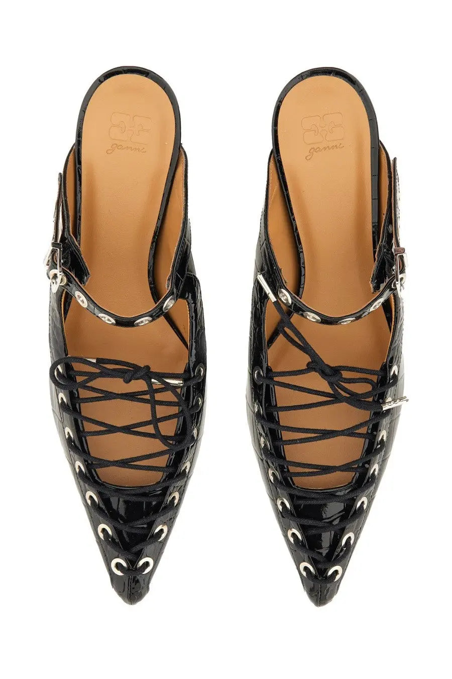 Ganni women’s mule lace black patent leather lace-up mules with silver eyelets and crocodile embossed texture