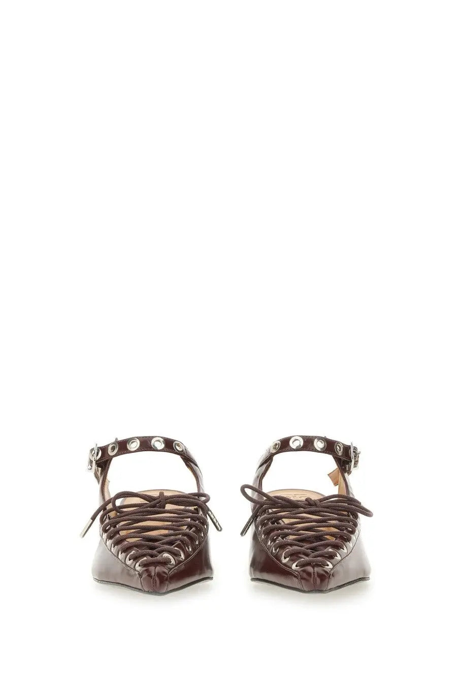 Ganni women’s mule lace red brown leather ankle strap flats with lace-up detailing and silver-toned eyelets