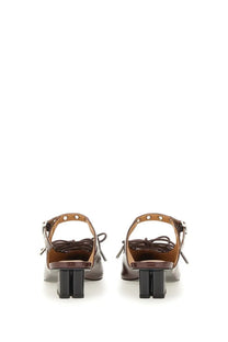 Brown leather sandals with black block heel and tied ankle straps shown from the back for ganni women’s mule lace red