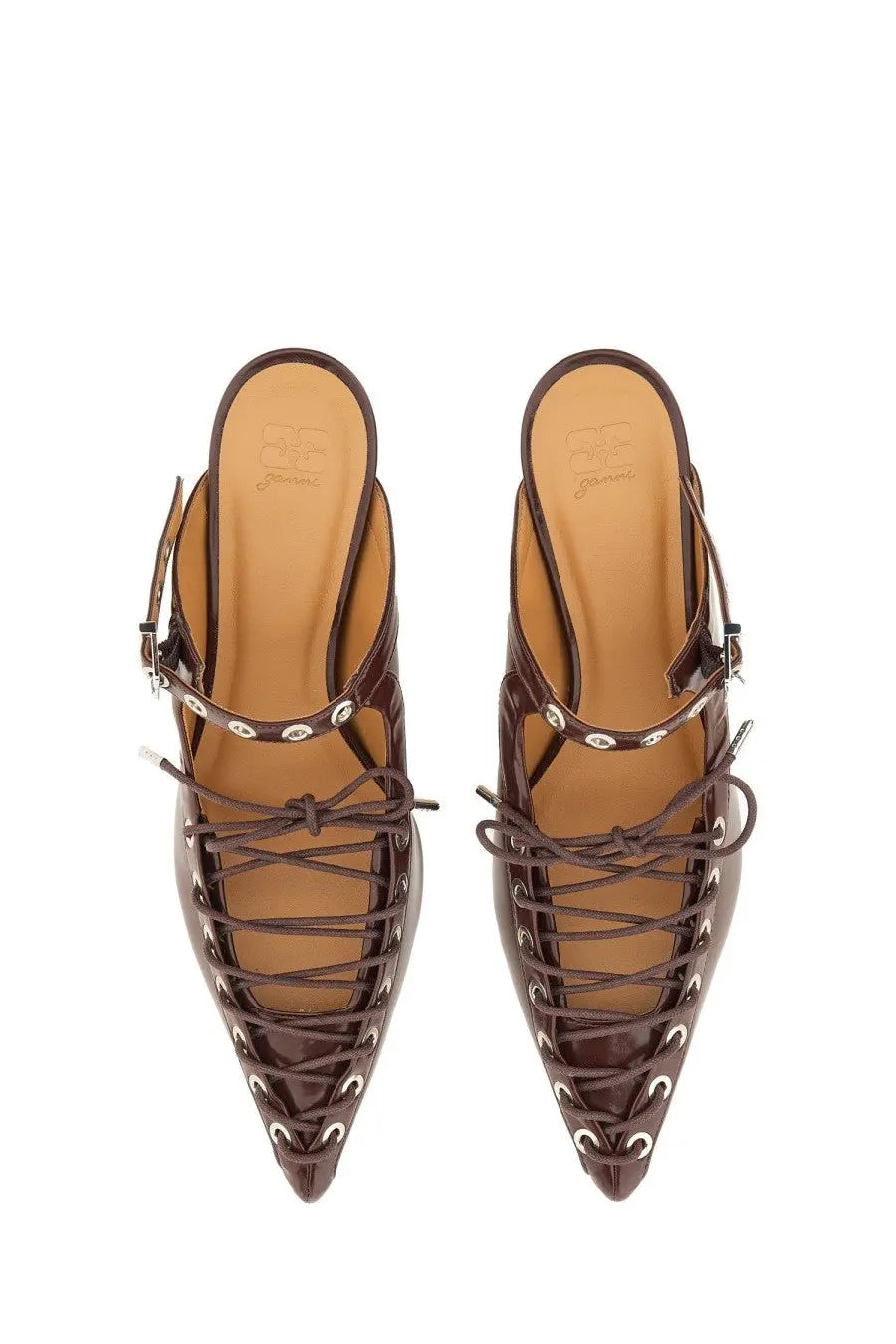 Ganni women’s brown leather lace-up mules with silver eyelets and buckle strap for stylish wear