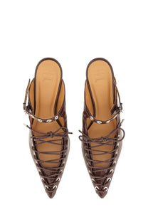 Ganni women’s brown leather lace-up mules with silver eyelets and buckle strap for stylish wear