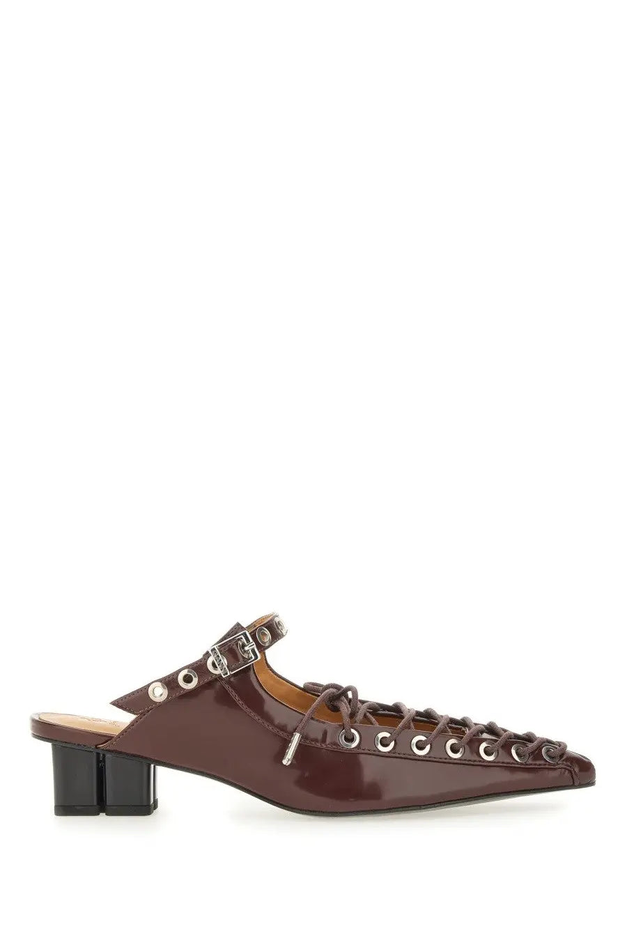 Brown patent leather mule shoe with black block heel and silver eyelets from ganni womens mule lace red collection