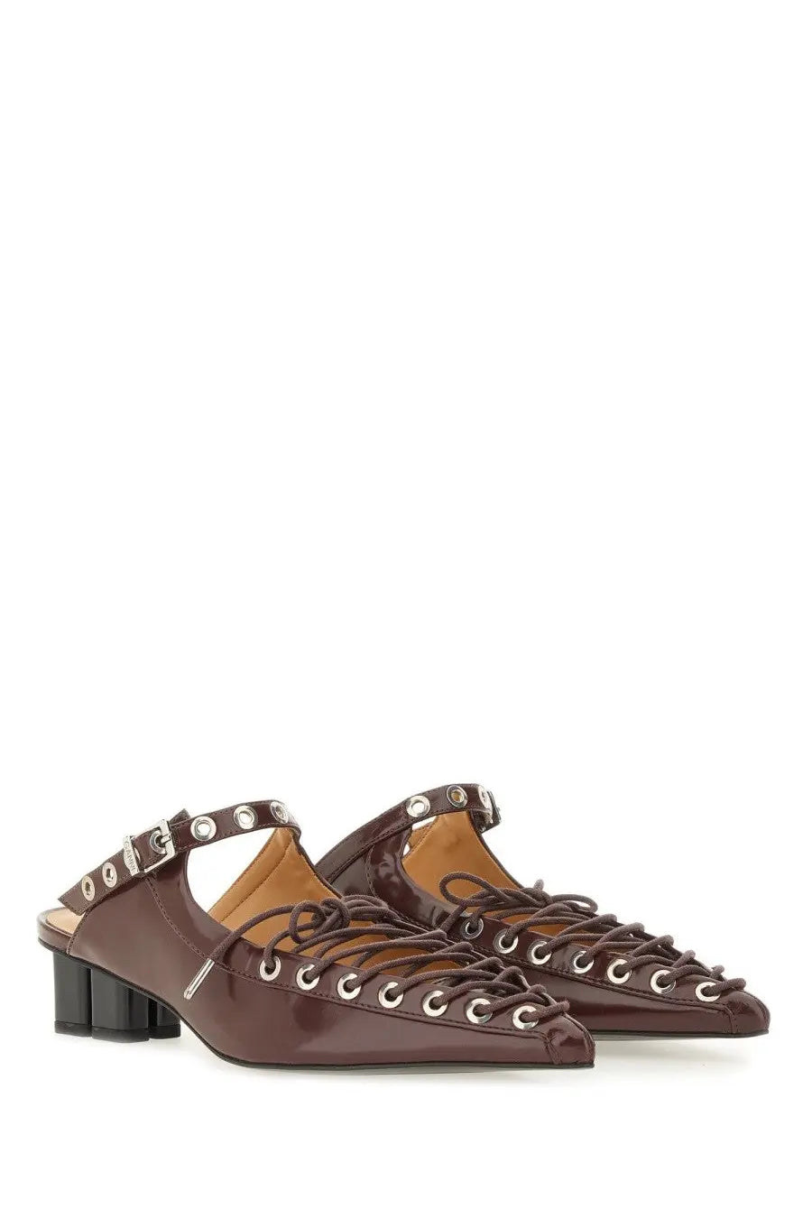 Brown patent leather lace-up mary jane flats with silver eyelets and black block heel by ganni women’s mule lace red
